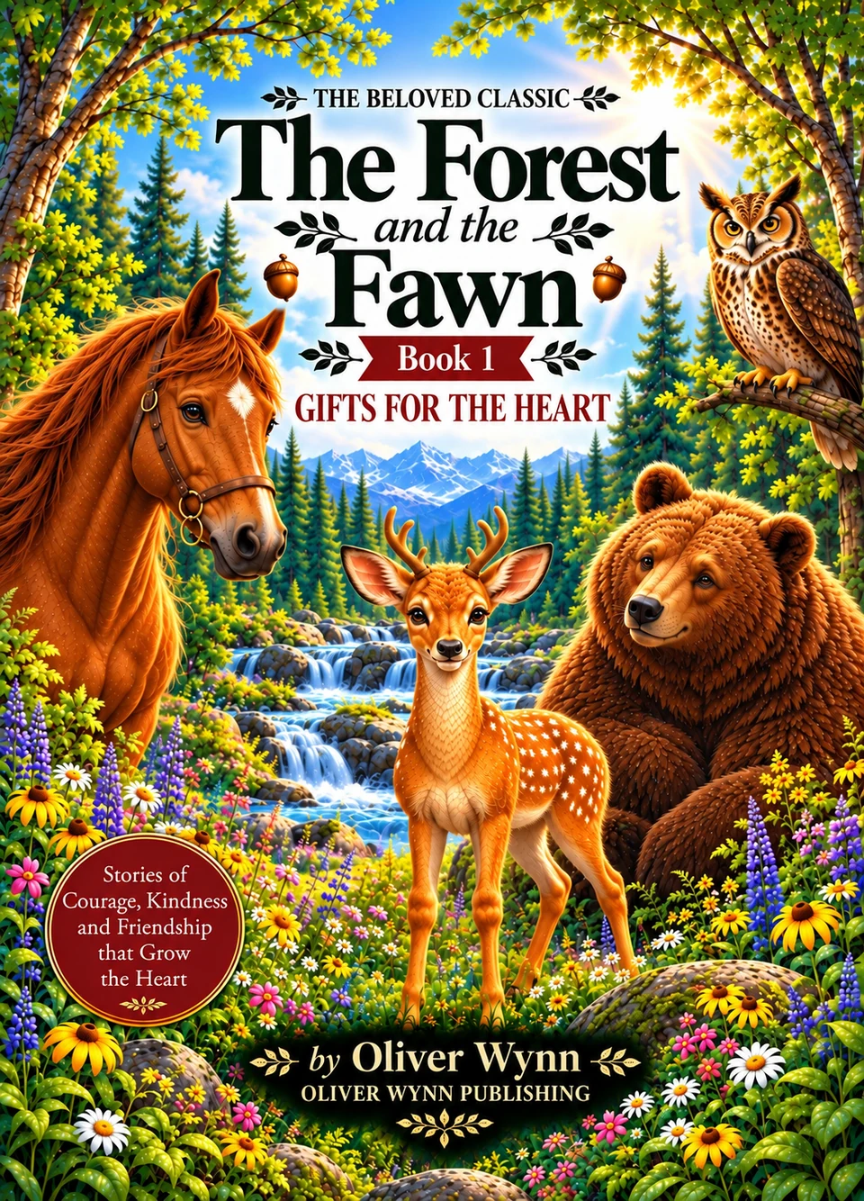 Cover of The Forest and the Fawn, Book 1, Gifts for the Heart, with Fawn, horse, bear and owl in a bright forest